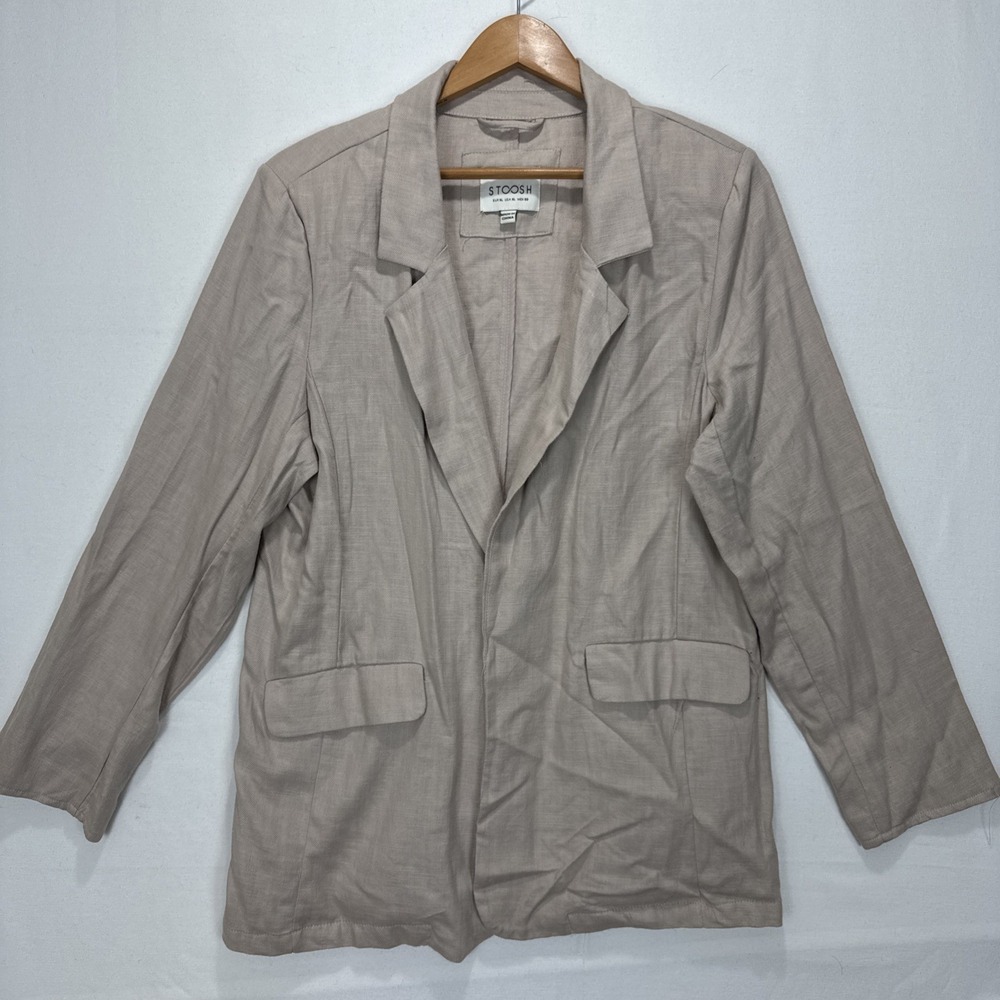 Stoosh Linen Blend Open Front Blazer Women XL Beige JKJR3624 Relaxed Lapel